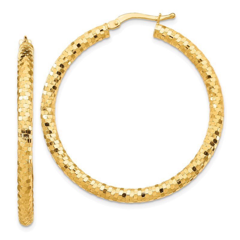 14K 3x38mm Diamond-cut Hoop Earrings