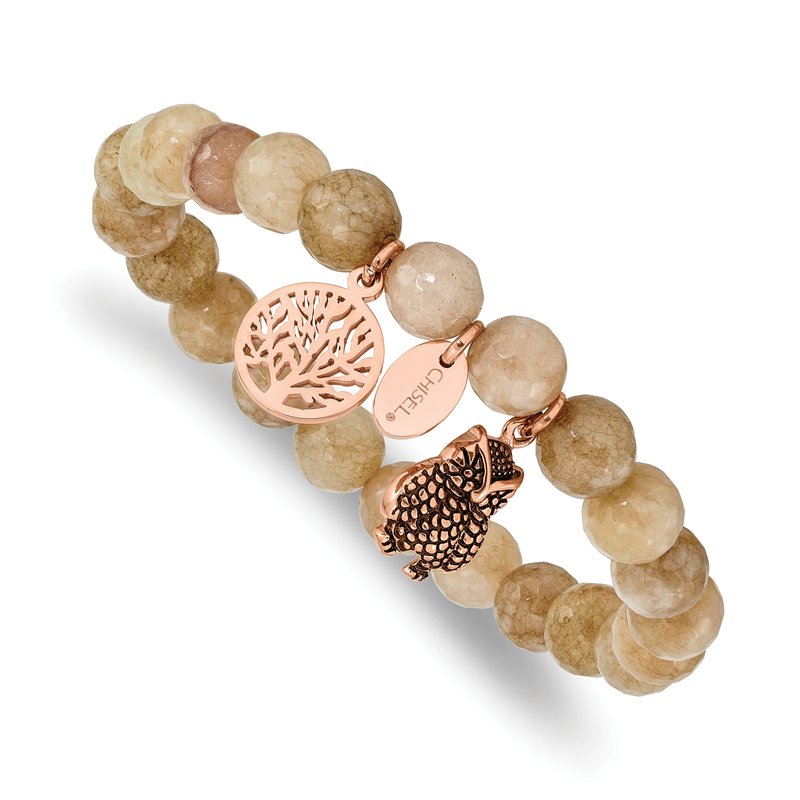 Stainless Steel Antiqued and Polished Rose IP-plated Owl and Tree of Life 8mm Taupe Dyed Jade Beaded Stretch Bracelet