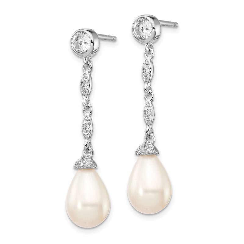 Sterling Silver Rhodium-plated Teardrop Freshwater Cultured Pearl and Brilliant-cut CZ Post Dangle Earrings