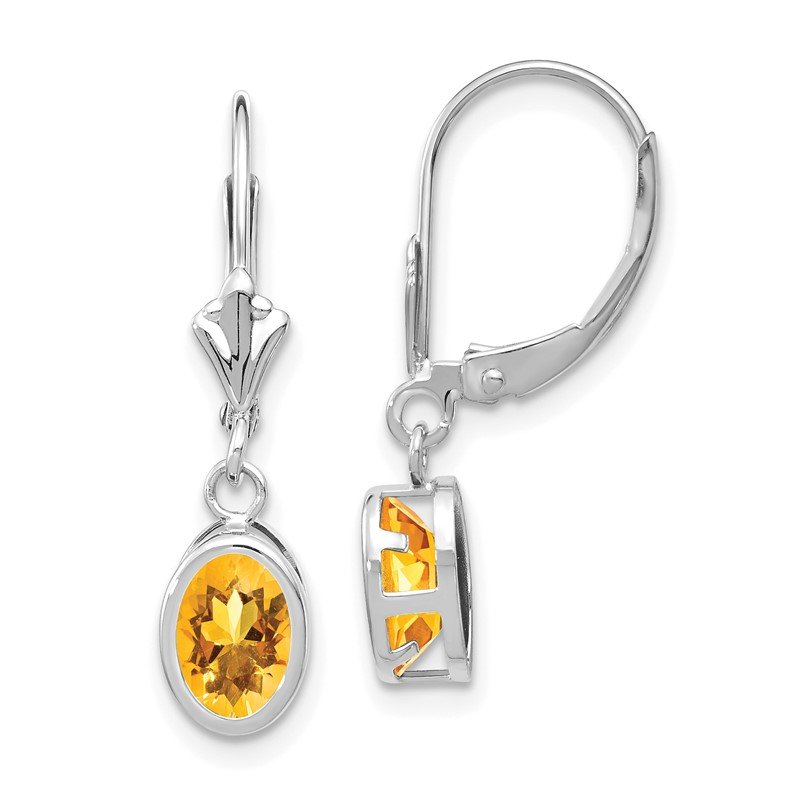 14k White Gold 7x5mm Oval Citrine Bezel Leverback Dangle Earrings