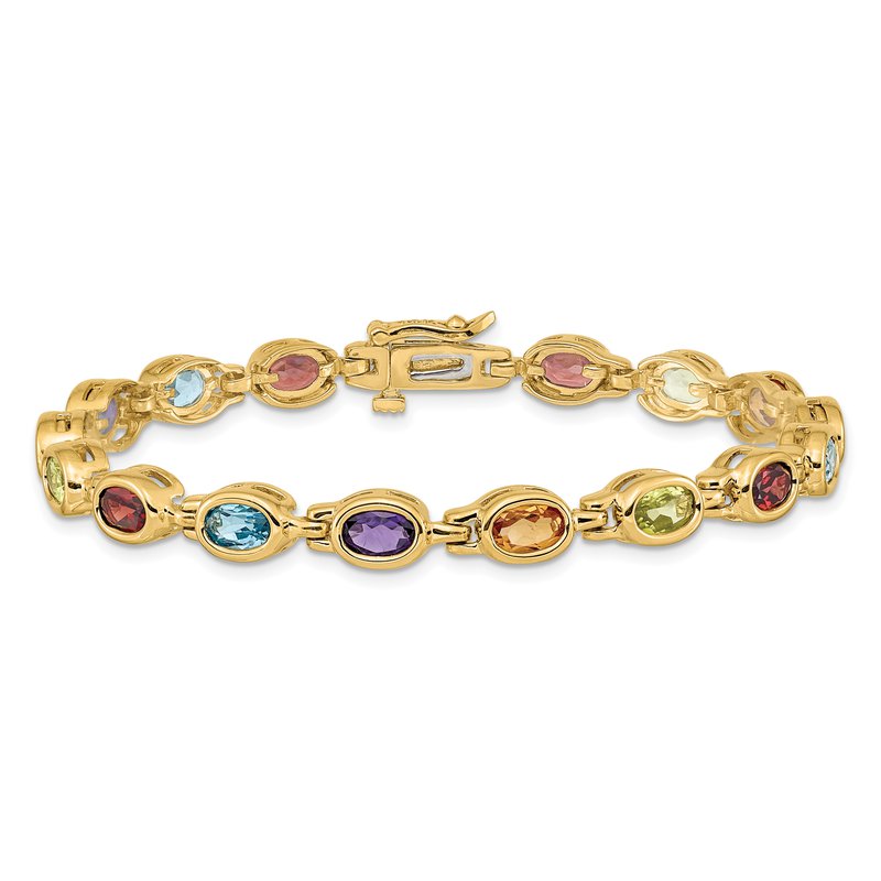 14k Complete Oval Garnet/Peridot/Citrine/Amethyst/Sky Blue Topaz Bezel-set 7 inch Rainbow Bracelet