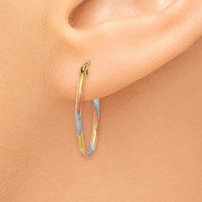 14K w/White and Rose Rhodium Diamond Cut Hoop Earrings