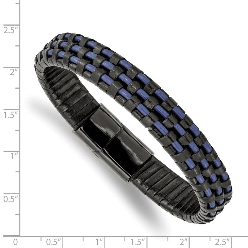 Stainless Steel Polished Black IP-plated and  Black and Blue Leather 8.25 inch Bracelet