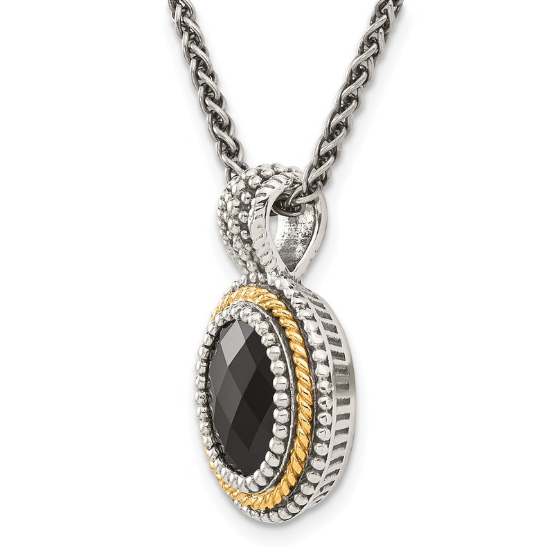 Sterling Silver with 14K Accent 18 Inch Antiqued Checkerboard-cut Black Onyx Necklace