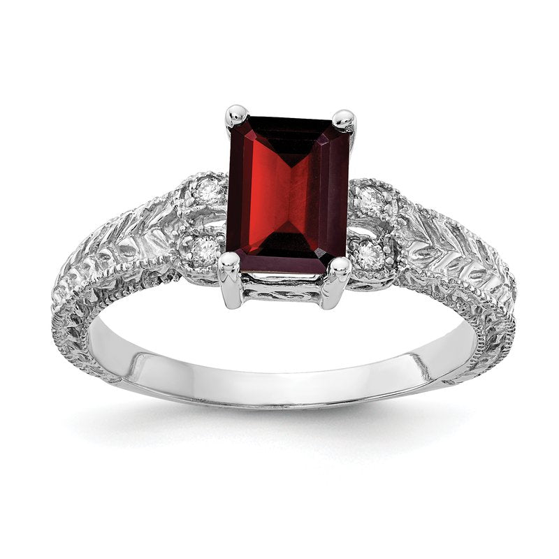 14k White Gold 7x5mm Emerald Cut Garnet A Diamond ring