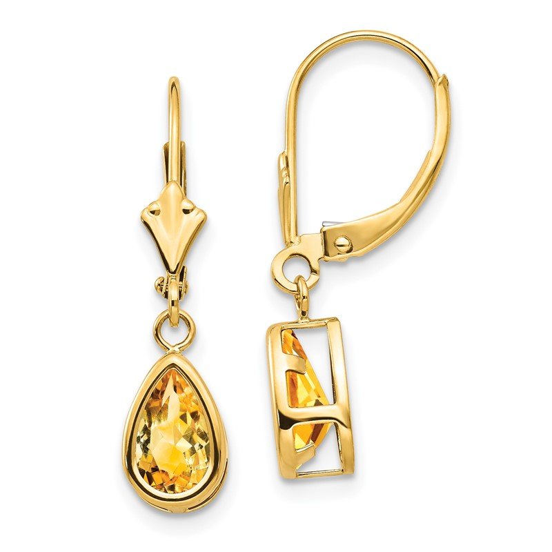 14k 8x5mm Pear Citrine Bezel Leverback Dangle Earrings