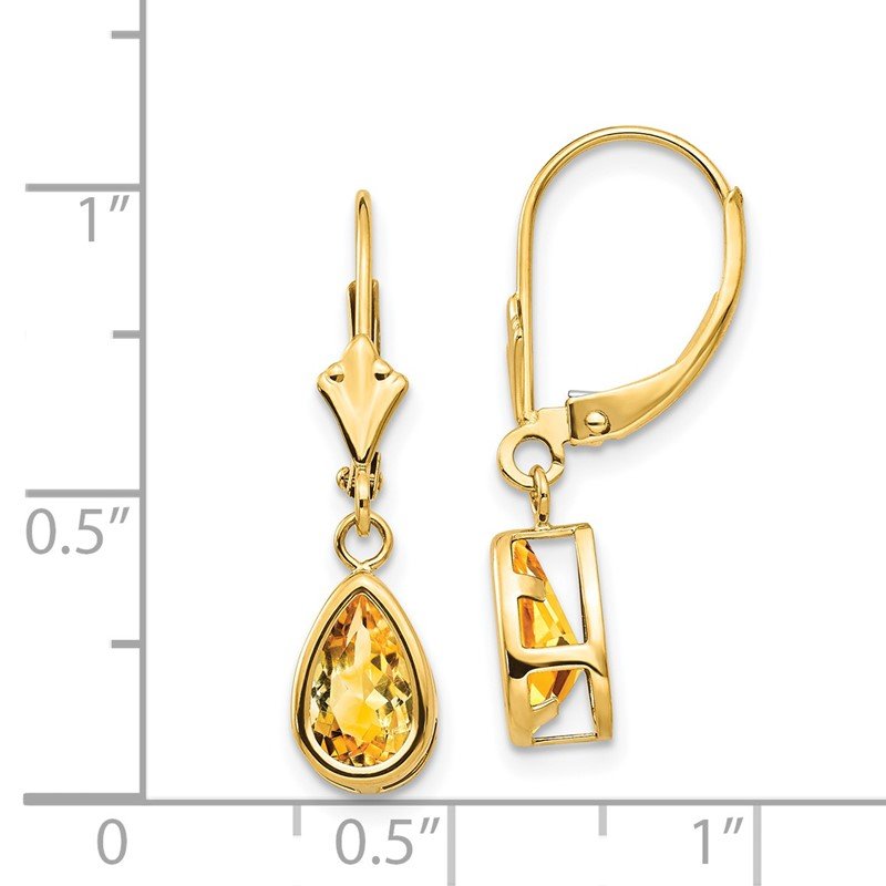 14k 8x5mm Pear Citrine Bezel Leverback Dangle Earrings