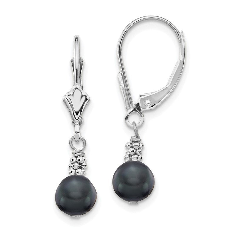 14k White Gold 5-6mm Black Semi-round Freshwater Cultured Pearl Dangle Leverback Earrings