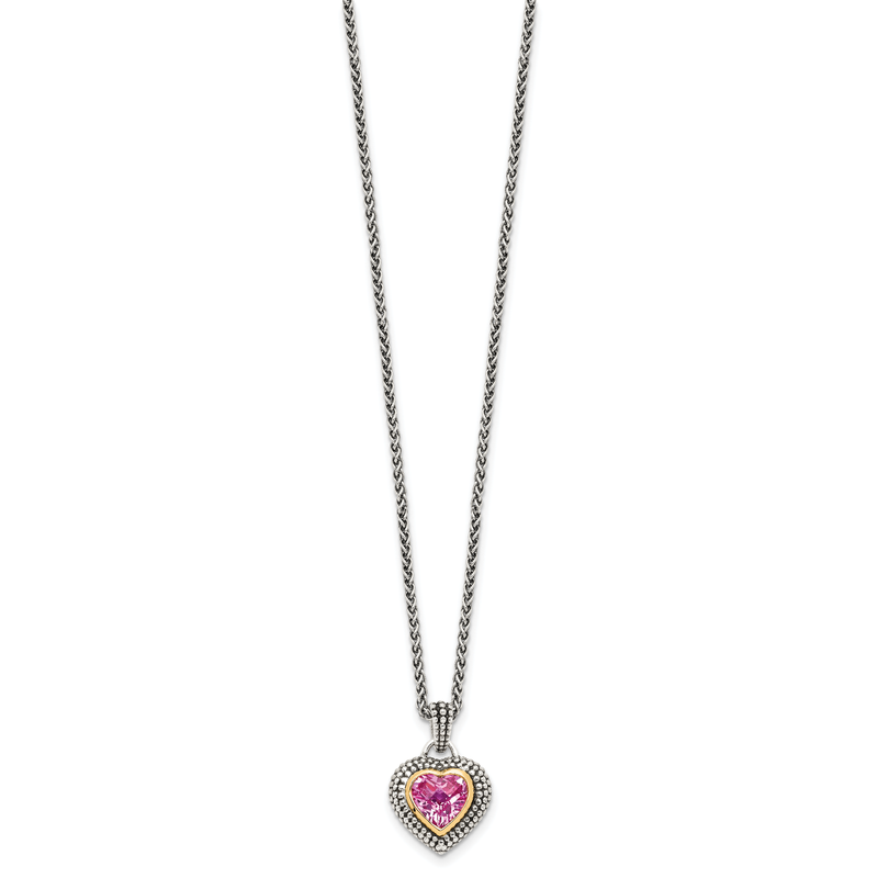 Sterling Silver with 14K Accent 18 Inch Antiqued Heart Bezel Created Pink Sapphire Necklace