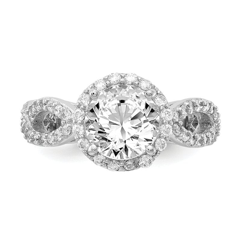 Sterling Silver Rhodium-plated Brilliant-cut Round CZ Halo Center and Twisted Design Ring
