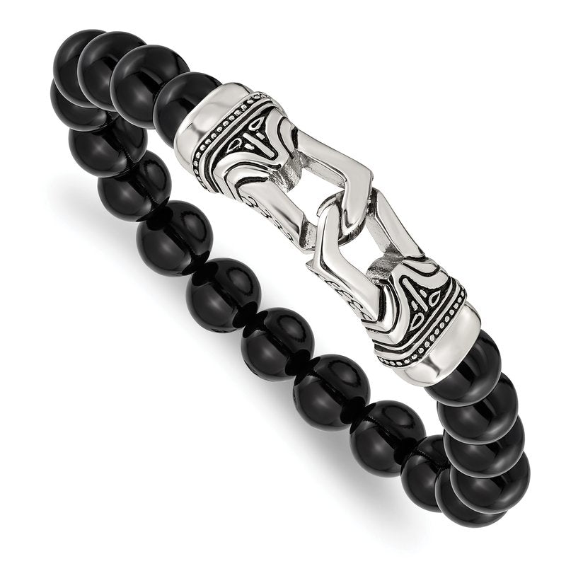 Stainless Steel Antiqued and Polished 10mm Black Agate Beaded Stretch Bracelet