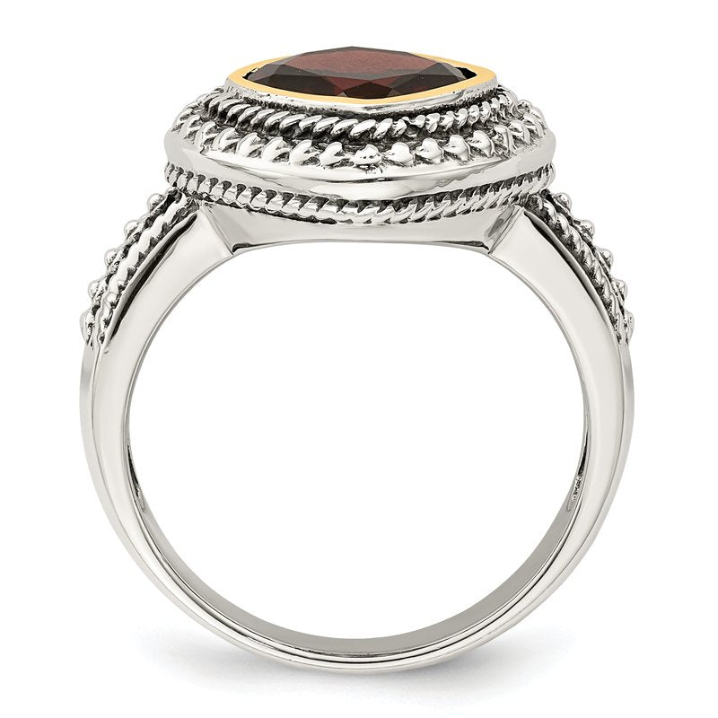 Sterling Silver with 14K Accent Antiqued Cushion Bezel Garnet Ring