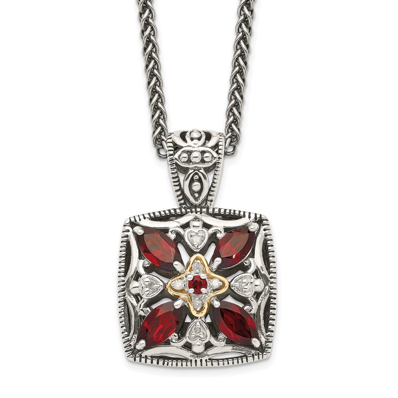 Sterling Silver with 14K Accent 18 Inch Antiqued Diamond and Marquise Garnet Necklace