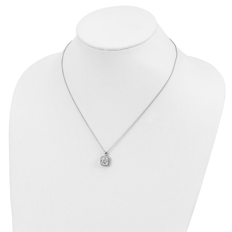 Sterling Silver Rhodium-plated Asscher-cut and Brilliant-cut CZ Halo 18 Inch Necklace