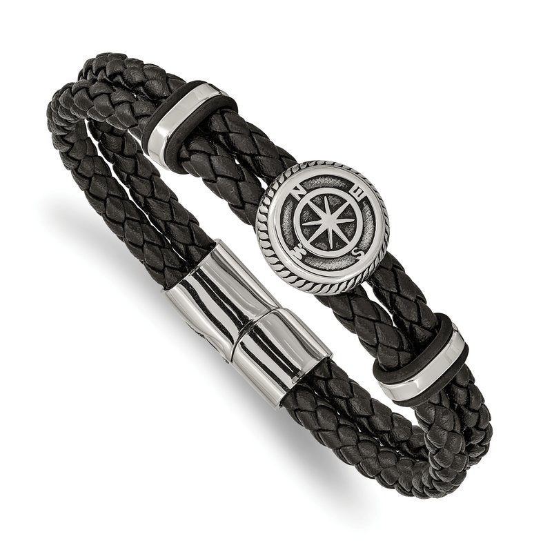 Stainless Steel Antiqued and Polished Compass Braided Black Leather 8 inch Bracelet