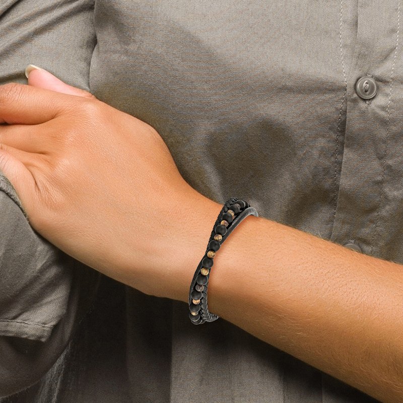Stainless Steel Polished Multi Strand Tiger's Eye and Black Agate Beaded Black Leather 8.25 inch Bracelet