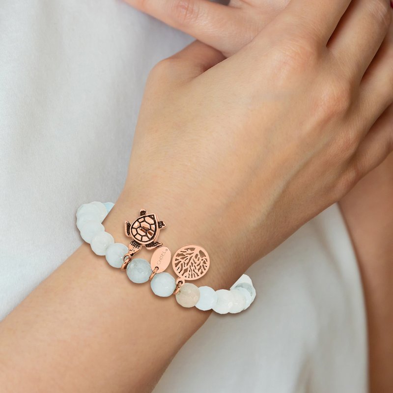 Stainless Steel Antiqued and Polished Rose IP-plated 8mm Blue/Grey Dyed Jade Beaded Stretch Bracelet