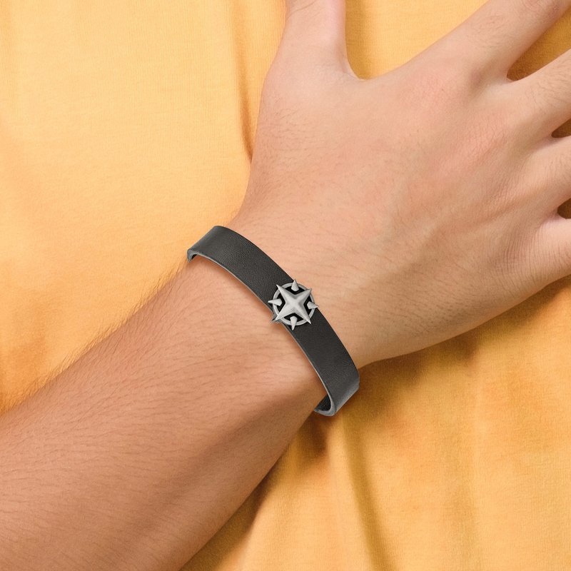 Stainless Steel Brushed Antiqued White Bronze-plated Compass Black Leather 8.25 inch Bracelet