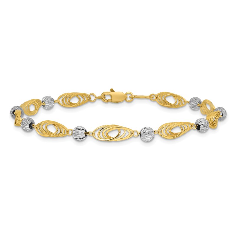 14K Two-tone Oval Links with Diamond-cut Beads 7.25 inch Bracelet
