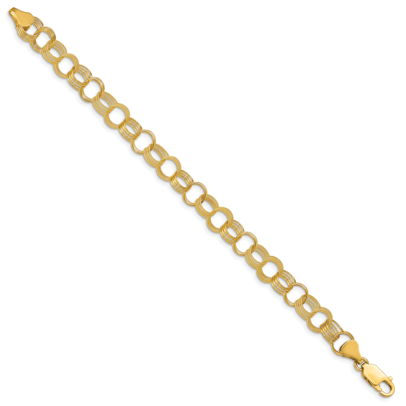 14k 8mm Solid Polished and Textured Triple Link 7 inch Charm Bracelet