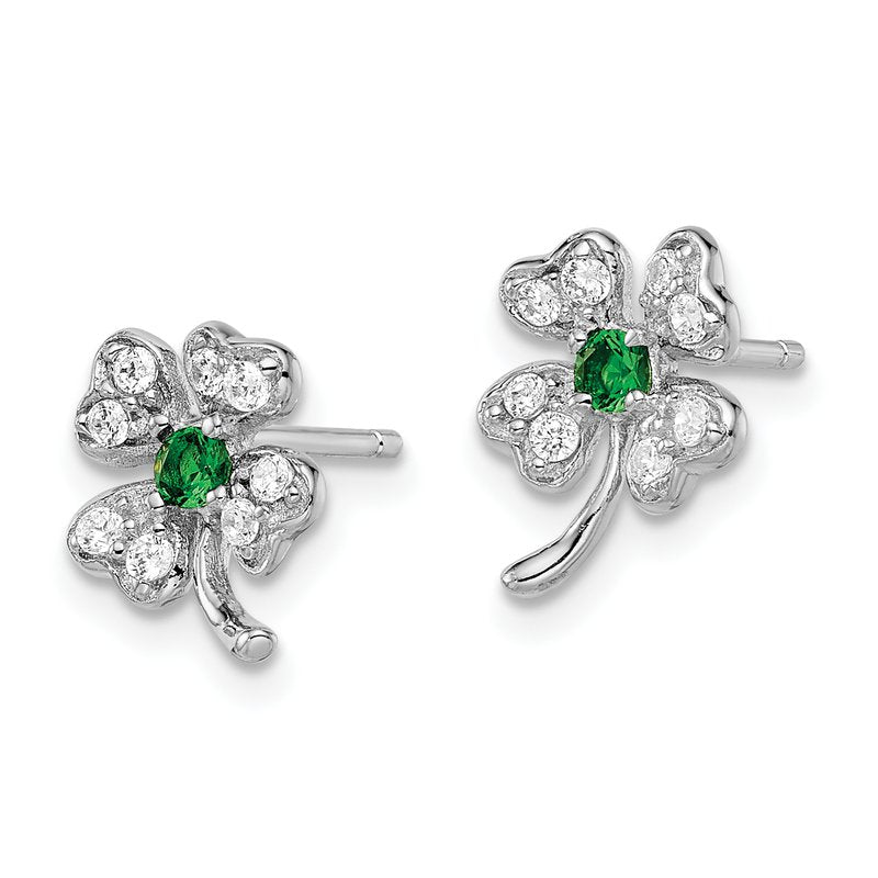 Sterling Silver Rhodium-plated Brilliant-cut Green Glass and Brilliant-cut White CZ Four Leaf Clover Post Earrings