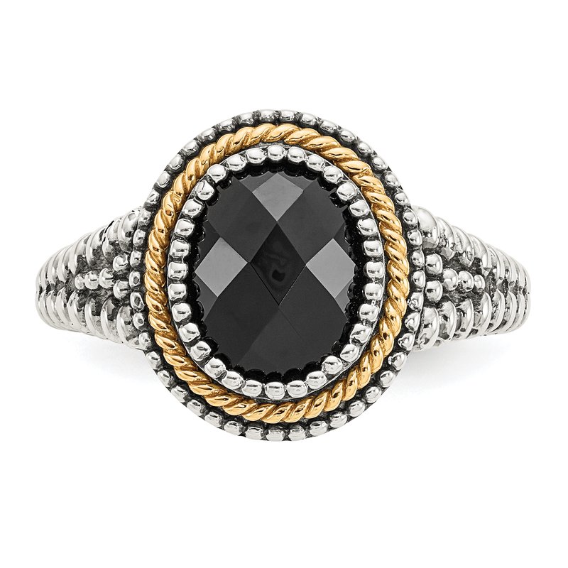 Sterling Silver with 14K Accent Antiqued Checkerboard-cut Black Onyx Ring