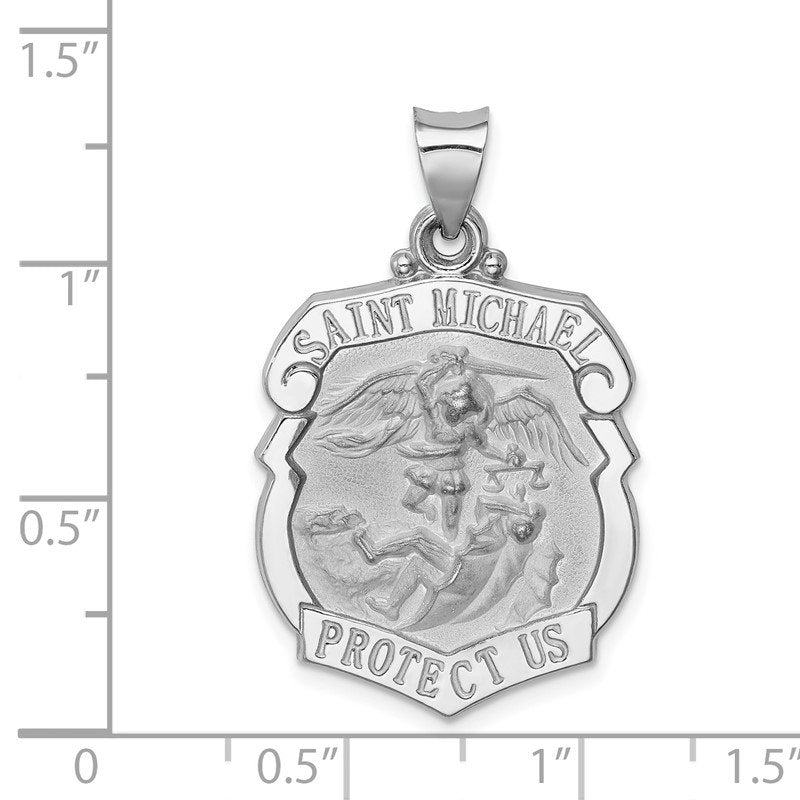 14K White Gold Polished and Satin Hollow Large St. Michael Medal Badge Pendant