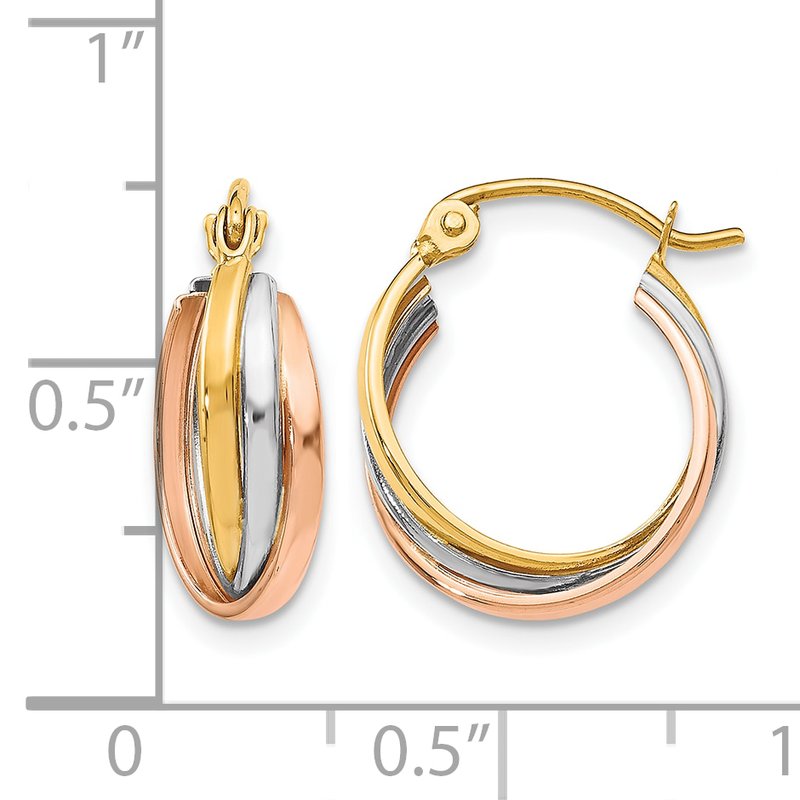 10K Tri-color Polished Hinged Hoop Earrings