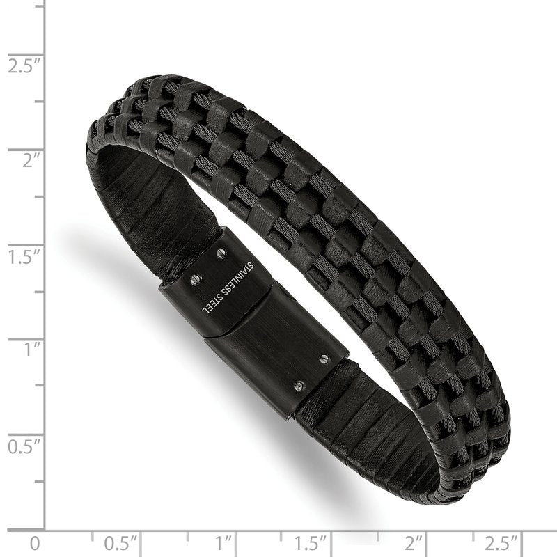 Stainless Steel Brushed and Polished Black IP-plated Wire Cable and Black Leather 8.25 inch Bracelet