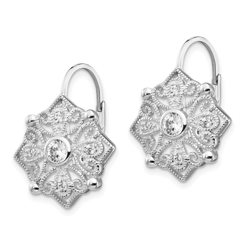 Sterling Silver Rhodium-plated Fancy Brilliant-cut CZ Leverback Earrings