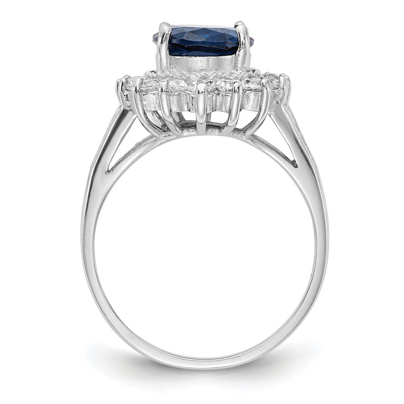 Sterling Silver Rhodium-plated Brilliant-cut Lab Created Dark Blue Spinel and Brilliant-cut White CZ Oval Halo Ring