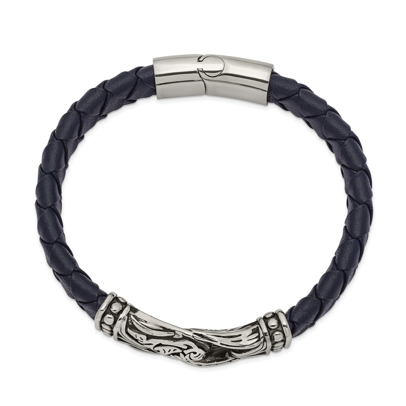 Stainless Steel Antiqued and Polished Blue Woven Leather 8.75 inch Bracelet