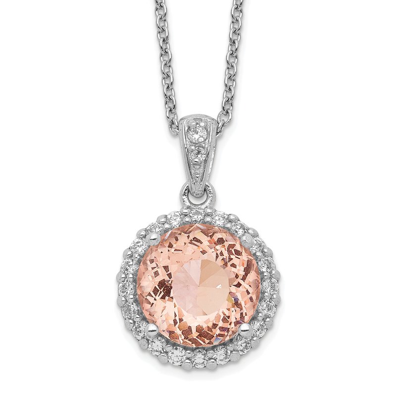 Sterling Silver Rhodium-plated 100 Facet Simulated Morganite and White Brilliant-cut CZ Halo 18 Inch Necklace