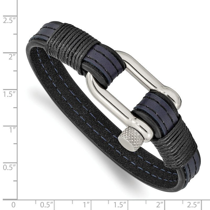 Stainless Steel Polished Shackle Black and Blue Leather 8.25 inch Bracelet