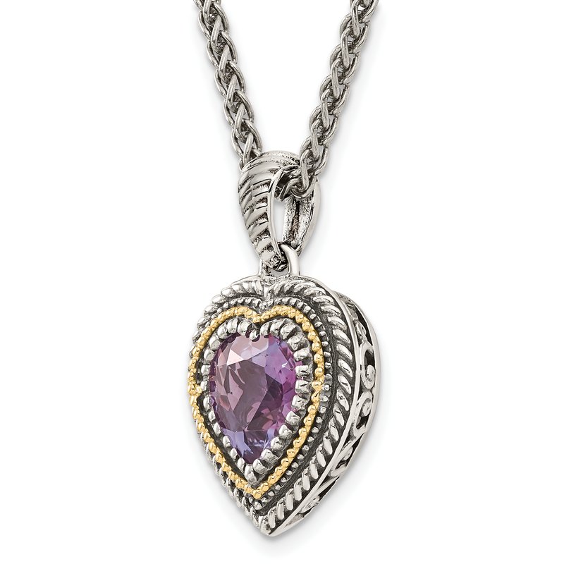 Sterling Silver with 14K Accent 18 inch Antiqued Amethyst Heart Necklace