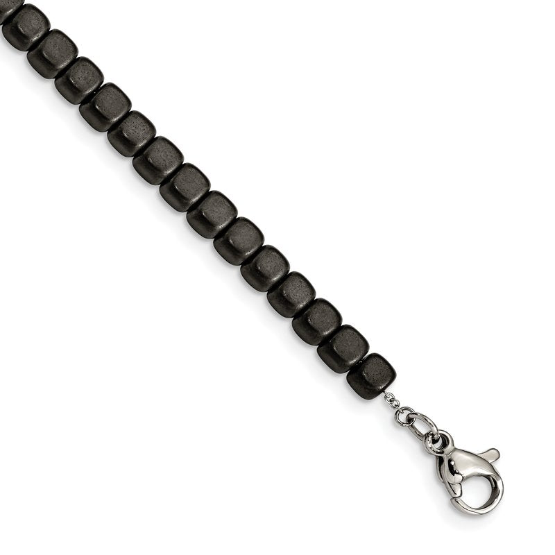 Stainless Steel Brushed and Polished Square Hematite Beaded 7 inch Bracelet with 1.25 inch Extension