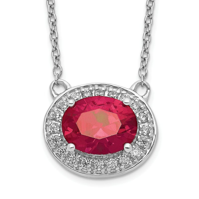 14k White Gold Diamond and 6x4mm Oval Ruby Halo East-West 18 inch Necklace