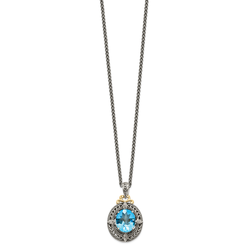 Sterling Silver with 14K Accent 18 Inch Antiqued Diamond and Oval Blue Topaz Necklace