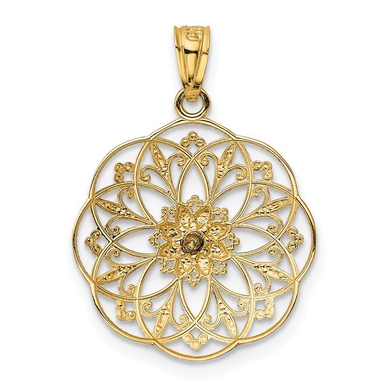 14k Two-tone Polished Rose in Round Filigree Charm