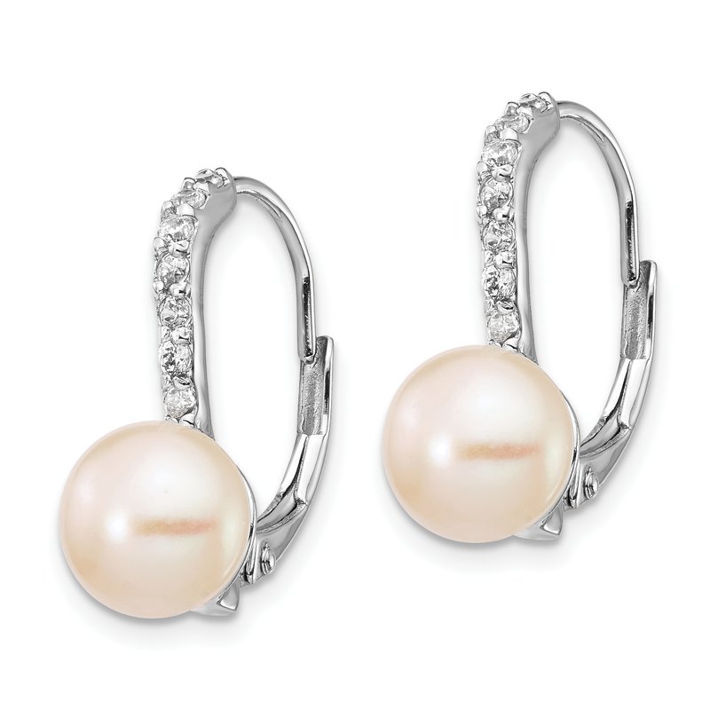 Sterling Silver Rhodium-plated Freshwater Cultured Pearl and Brilliant-cut CZ Leverback Earrings