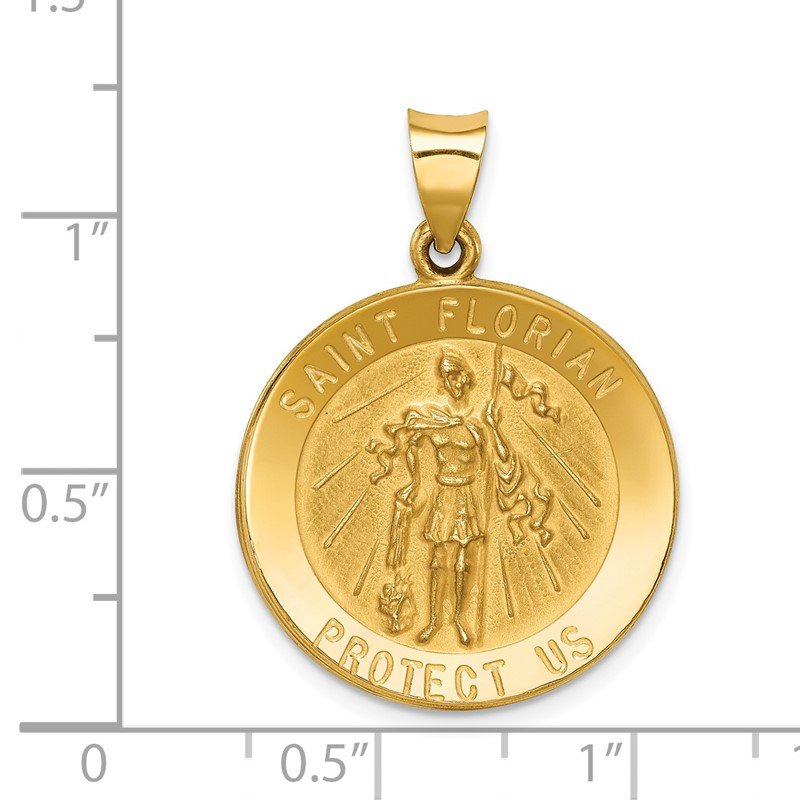14k Polished and Satin Hollow St Florian Medal Round Pendant