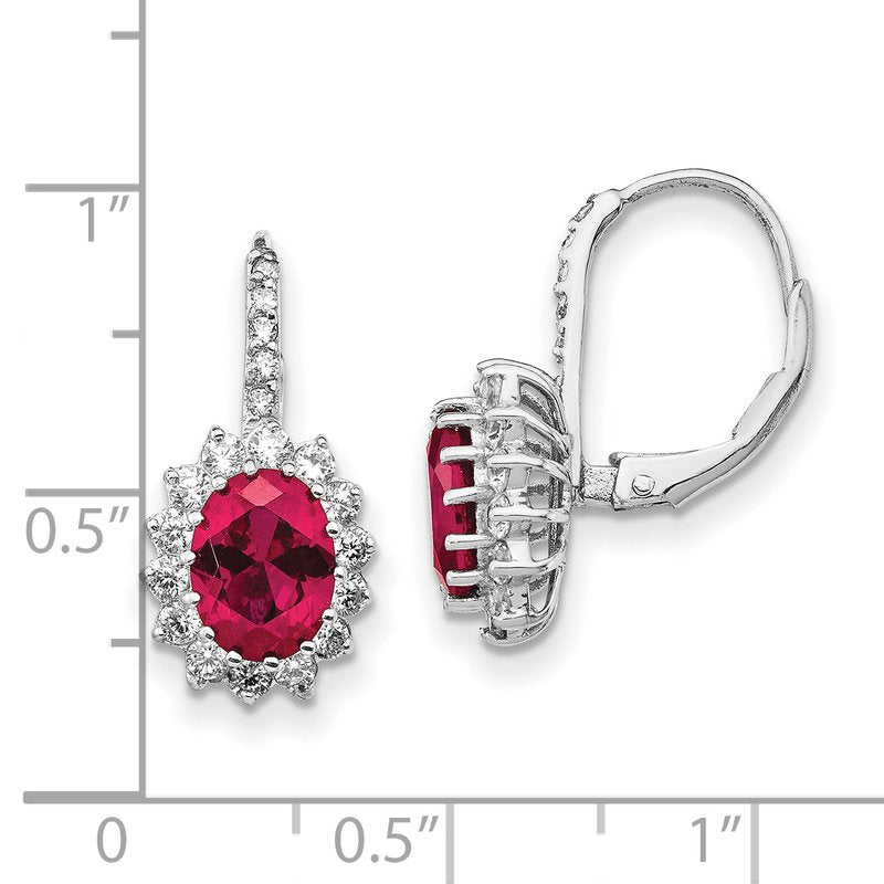 Sterling Silver Rhodium-plated Brilliant-cut Lab Created Ruby and Brilliant-cut White CZ Oval Halo Leverback Earrings