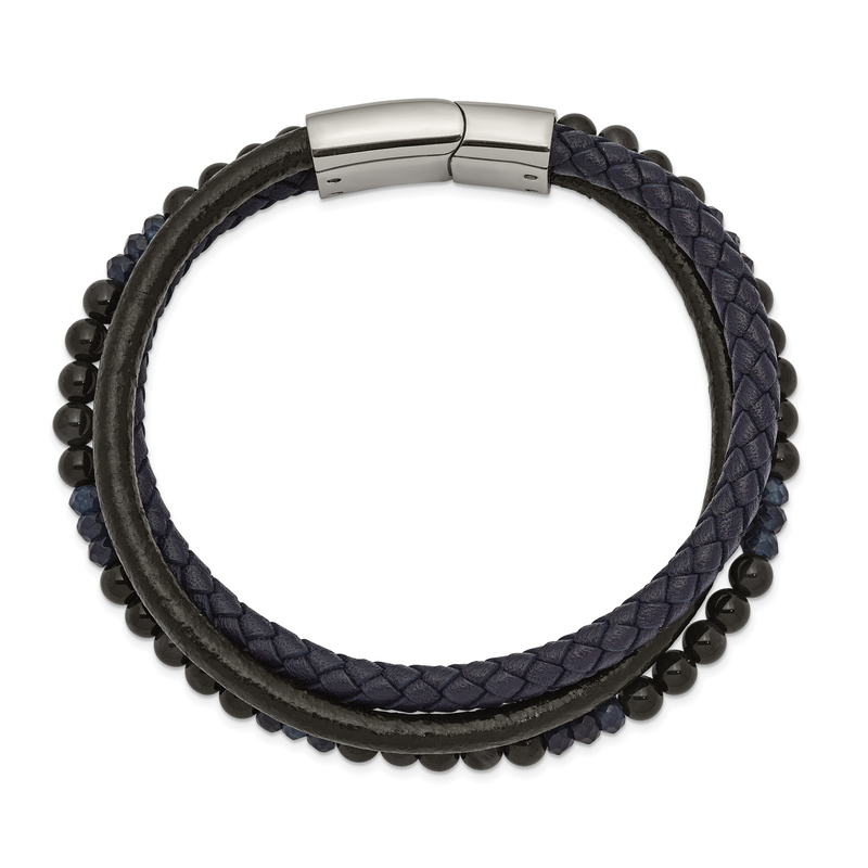 Stainless Steel Polished Multi Strand Blue Chalcedony and Tiger's Eye Beaded Black and Blue Leather 8.25 inch Bracelet