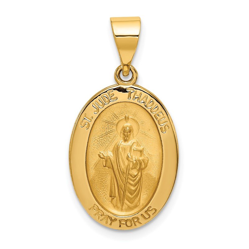 14k Polished and Satin Hollow St Jude Thaddeus Medal Oval Pendant