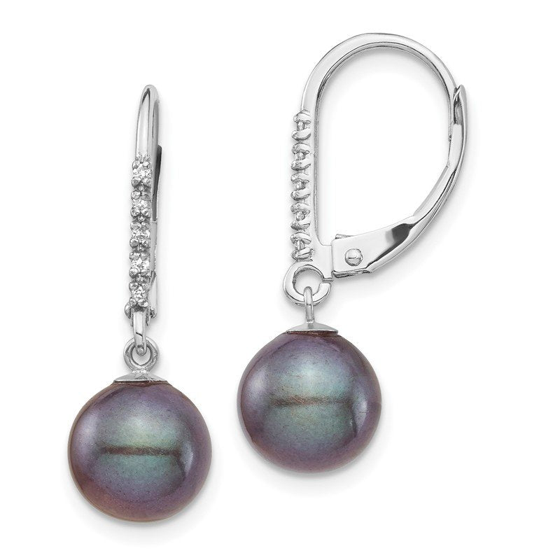 14k White Gold 8-9mm Black Round Freshwater Cultured Pearl and .05 Carat Diamond Dangle Leverback Earrings