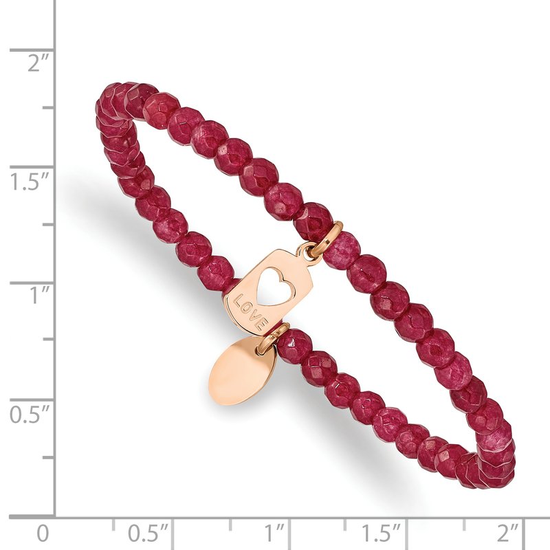 Stainless Steel Polished Rose IP-plated LOVE 4mm Red Jade Beaded Stretch Bracelet