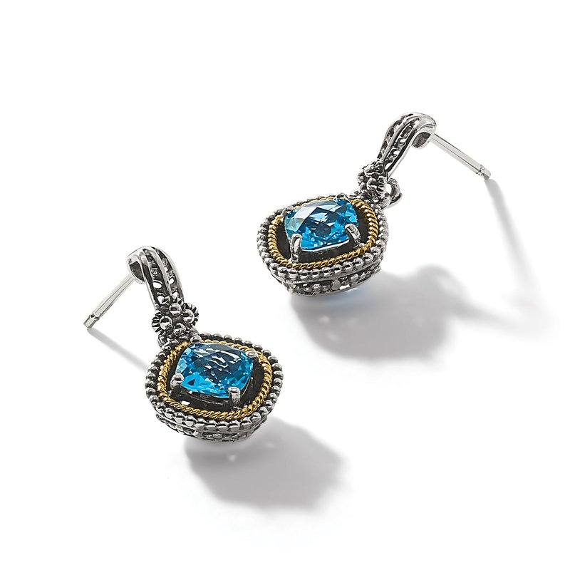 Sterling Silver with 14K Accent Antiqued Cushion London Blue Topaz Post Dangle Earrings