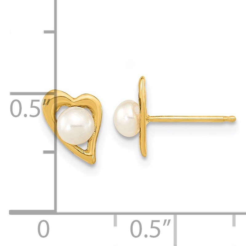 14k 3-4mm White Button Freshwater Cultured Pearl Heart Post Earrings