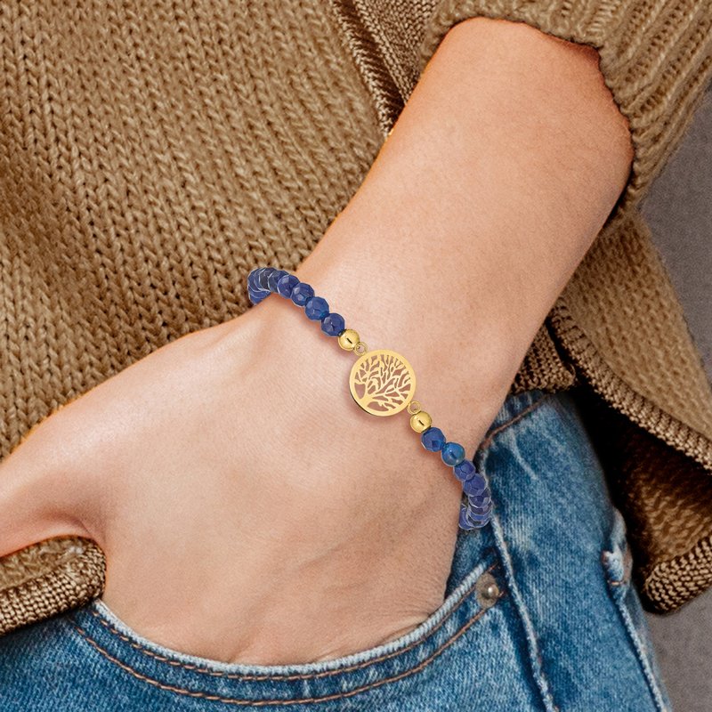 Stainless Steel Polished Yellow IP-plated Tree of Life 4mm Blue Jade Beaded Stretch Bracelet