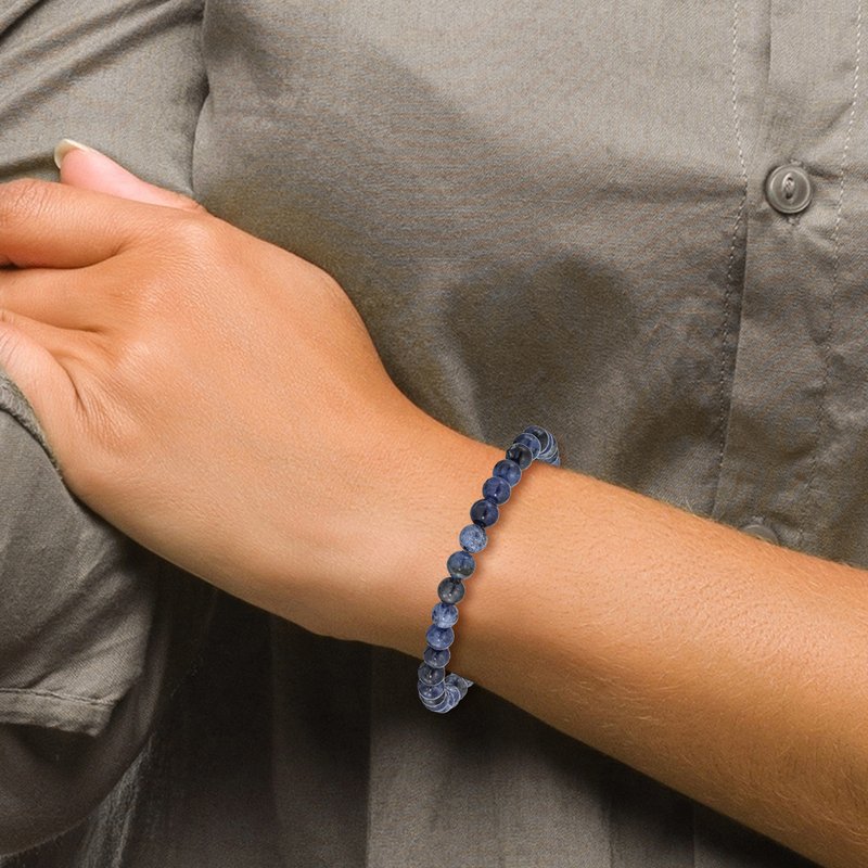 Stainless Steel Polished 6mm Blue Sodalite Beaded Stretch Bracelet